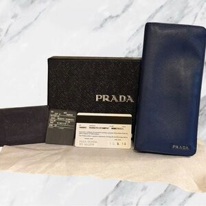 Prada Saffiano Authentic Leather Long Wallet Blue Full Inclusion COA Dust Cloth